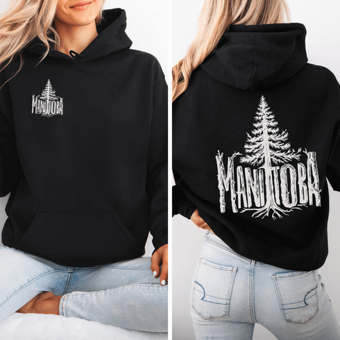 Celebrate the wild spirit of Manitoba with this eye-catching hoodie featuring "Manitoba" written in a unique tree branch font.